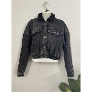 VINTAGE Y2K M Highway Jeans Sherpa Lined Women’s Crop Black Jean Bomber Jacket (